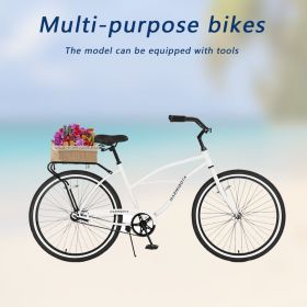 Multifunction 26 Inch Single Speed Bike, Steel Frame, Upright Comfortable Seat, Rear Roller Coaster Brakes, Multi-function Rear Shelf, Multicolor (Color: White)